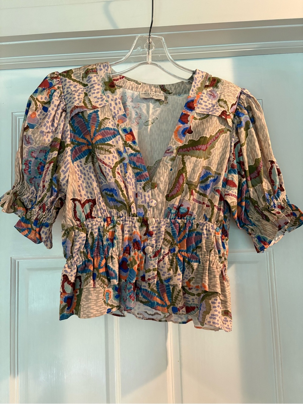 Dress Forum Multicolor Floral Puff-Sleeve Peplum Blouse